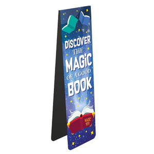 This magnetic bookmark for witches and wizards in training is decorated with spellbooks and stars. The text on the bookmark reads "Discover the magic of a good book".