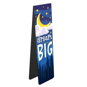 This magnetic book mark for dreamers is decorated with a night sky - complete with stars and a crescent moon - above the treetops. The text on the bookmark reads "Dream BIG".