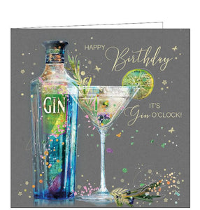 This birthday card is decorated with a bottle of gin beside a cocktail glass garnished with lime and berries. Metallic gold text on the front of the card reads "Happy Birthday, it's gin o'clock!"
