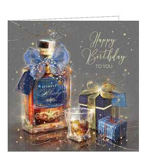 This birthday card is decorated with a bottle of whisky - with a blue ribbon tied in a bow around the neck of the bottle. Metallic gold text on the front of the card reads "Happy Birthday Cheers".