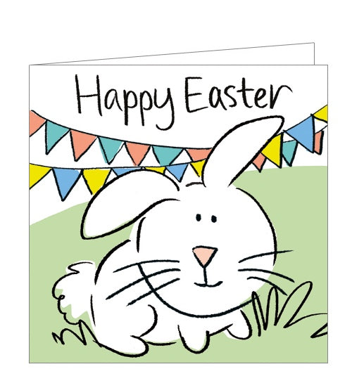 This simple but sweet easter card is decorated with a cartoon easter bunny  and Easter bunting. Black text on the card reads 