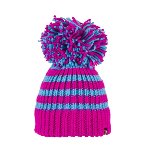 This bobble hat is knitted in alternating bands of neon pink and light blue and the hat is topped with a magnificent matching bobble.