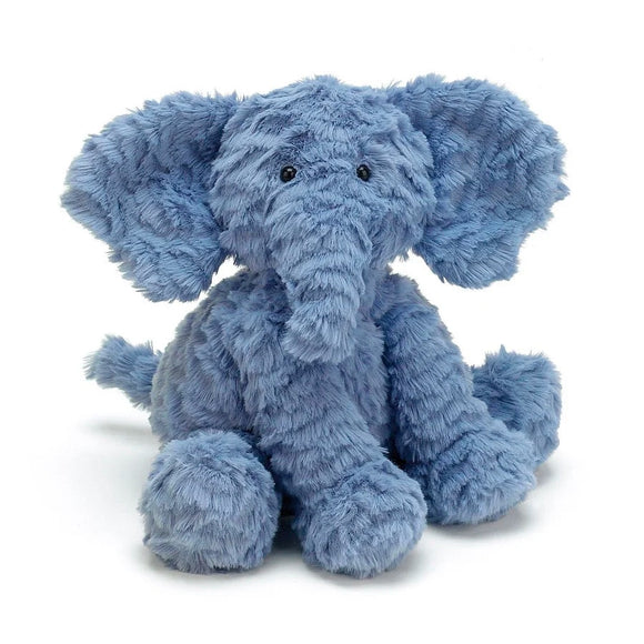 Stomping in for a mighty cuddle, it’s Jellycat's medium fuddlewuddle elephant! In soft chalky-blue, with fuddletastic fur and a big long trunk for sniffing out sandwiches, he really is an amazing fellow.
