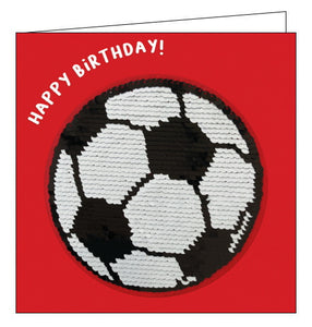 A card and a birthday gift in one! This birthday card features a sequin patch in the shape of a football that can be removed and added to bags, jackets and more. The text on the front of the card reads "Happy Birthday!"