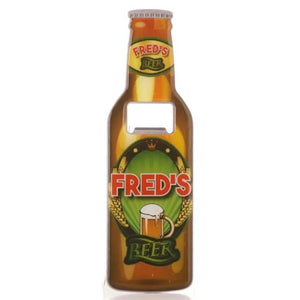 A perfect gift for Father's Day, birthdays or just because, this personalised bottle opener is designed to look like a crown-capped bottle of beer - complete with labels that read "Fred's Beer".