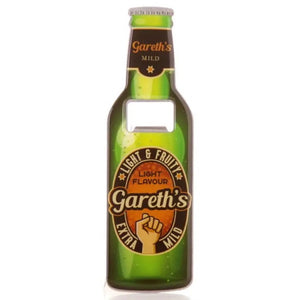 A perfect gift for Father's Day, birthdays or just because, this personalised bottle opener is designed to look like a crown-capped bottle of beer - complete with labels that reads "Gareth's Mild" around the neck and and "Gareth's...Light & Fruity Extra Mild" around the middle.