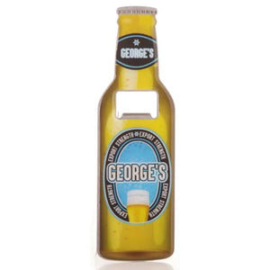 A perfect gift for Father's Day, birthdays or just because, this personalised bottle opener is designed to look like a crown-capped bottle of beer - complete with labels that reads "George's" around the neck and and "George's - Export Strength" around the middle.