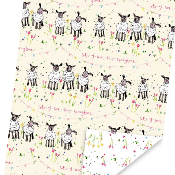 This sheet of wrapping paper designed by Louise Mulgrew features an adorable pattern of rows of spring lambs surrounded by bunting, flowers and text that reads 