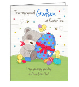 This easter card for a special godson is decorated with Toggles the bear hugging a glittery, polka-dotted Easter egg as tall as himself. The text on the front of the card reads "To a very special Godson at Easter Time...I hope you enjoy your day and have lots of fun!"