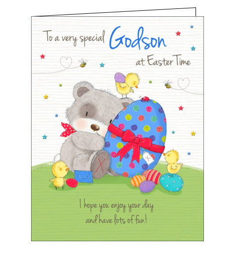 This easter card for a special godson is decorated with Toggles the bear hugging a glittery, polka-dotted Easter egg as tall as himself. The text on the front of the card reads 