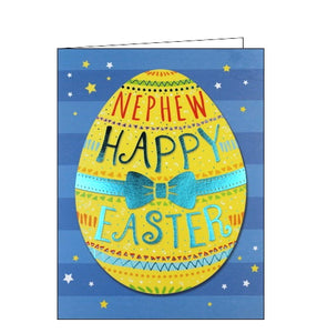 This easter card for a special nephew is decorated with a large, yellow easter egg with colourful markings and a metallic blue bow. Text on the easter egg reads "Nephew...Happy Easter".