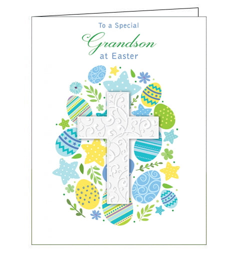 This easter card for a special grandson is decorated a white cross standing out against a background of blue, yellow and green easter eggs, flowers and stars. The text on the front of the card reads 