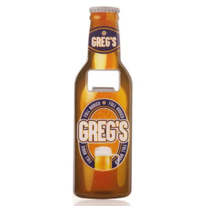 A perfect gift for Father's Day, birthdays or just because, this personalised bottle opener is designed to look like a crown-capped bottle of beer - complete with labels that reads "Greg's" around the neck and and "Greg's - Full bodied" around the middle.