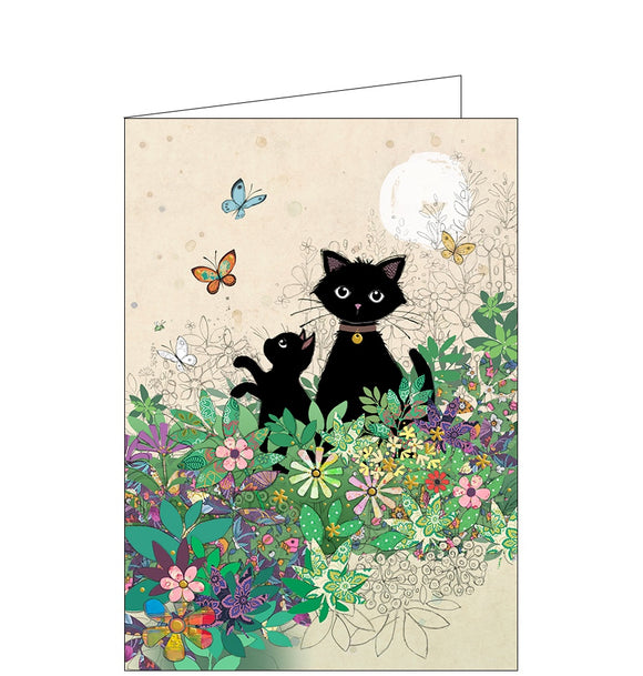 Beautiful, quirky and dramatic. This blank card designed by Bug Art founder Jane Crowther is decorated with a scene of a black cat and little kitten amongst flowers in a garden.
