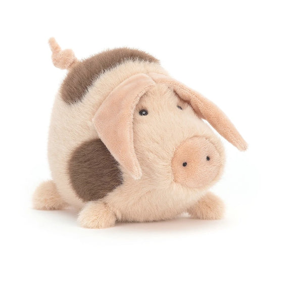 Higgledy Piggledy Old Spot from Jellycat is one curious pig! In sweet peachy pink with cocoa splotches, all a-totter on tiny trotters, this barnyard dandy snouts about everywhere. And what a fine, fuzzy snout it is! Just the handsome friend to take snuffling, rolling and rumbling!