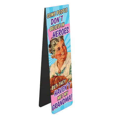This magnetic bookmark for a book-loving grandma is decorated with a jolly-looking grandma. The text on the bookmark reads 