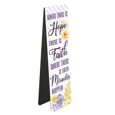This magnetic bookmark is decorated with purple text that reads 
