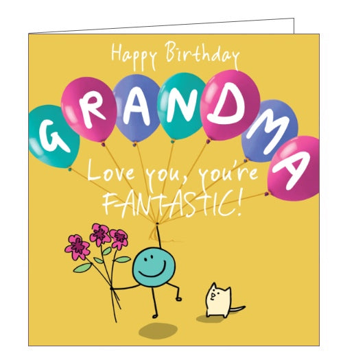 This birthday card for a special grandma is decorated with a smiley faced cartoon character holding a bouquet of flowers in one hand and a bunch of balloons that spell out 