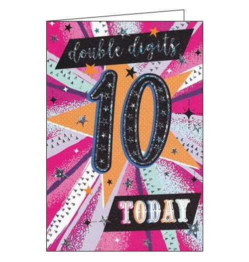 This bright and colourful 10th birthday card features a metallic, pink and yellow starburst with text that reads 