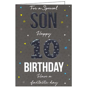 This 10th birthday card for a special Son is decorated with white, yellow and blue embossed confetti's surrounding white and metallic text that reads "To a Special Son, Happy 10th Birthday...Have a fantastic day".