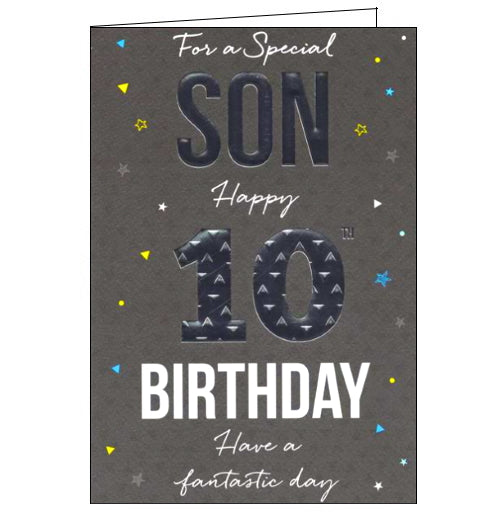 This 10th birthday card for a special Son is decorated with white, yellow and blue embossed confetti's surrounding white and metallic text that reads 