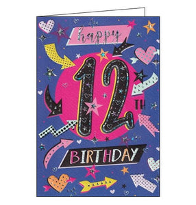 Happy 12th Birthday Card This retro-style 12th birthday card features metallic, pink and yellow arrows and hearts pointing to text that reads "Happy 12th Birthday".