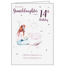 This 14th Birthday card for a very special Granddaughter features an illustration of a girl with a laptop, headphones and her phone. The text on the front of the card reads "For a lovely Granddaughter on her 14th Birthday...a Birthday message just for you, with lots of loving wishes too..."