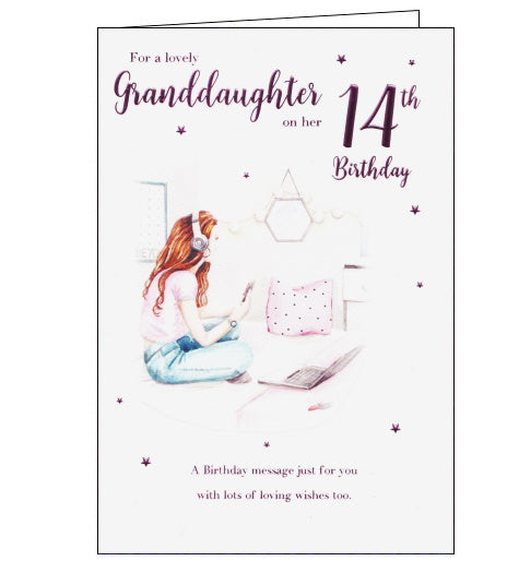 This 14th Birthday card for a very special Granddaughter features an illustration of a girl with a laptop, headphones and her phone. The text on the front of the card reads "For a lovely Granddaughter on her 14th Birthday...a Birthday message just for you, with lots of loving wishes too..."