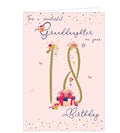 This 18th Birthday card for a special granddaughter is decorated with a large number 18 in rose gold surrounded by roses, presents, and butterflies. Text on the front of the card reads "For a wonderful Granddaughter on your 18th Birthday".