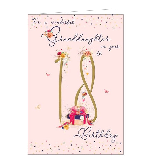 This 18th Birthday card for a special granddaughter is decorated with a large number 18 in rose gold surrounded by roses, presents, and butterflies. Text on the front of the card reads "For a wonderful Granddaughter on your 18th Birthday".