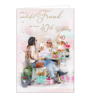  This lovely 40th birthday card for a special friend is decorated with an illustration of two women enjoying a birthday tea at a cafe - the table laid with champagne, flowers and a spectacular birthday cake. Rose gold text on the front of the card reads "For a wonderful Friend on your 40th Birthday". 