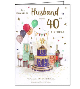 This 40th birthday card for a special husband is decorated with an illustration of a table laden with 40th birthday goodies including a beautiful birthday cake, presents, balloons and wine. Gold text on the card reads ”To a wonderful Husband on your 40th birthday. You’re such a wonderful husband, you deserve the very best..."
