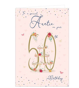 This lovely birthday card for celebrate a special auntie's 50th birthday is decorated with a tower of champagne coupes garnished with flowers and surrounded by tiny butterflies. The text on the front of the card reads "To a special Auntie on your 50th Birthday." 