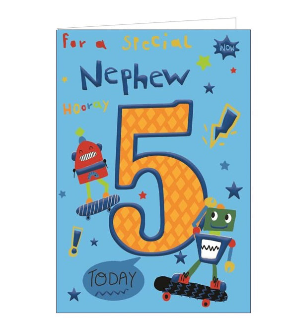 This 5th birthday card for a special nephew is decorated with a pair of skateboarding robots! Red text on the front of the card reads 