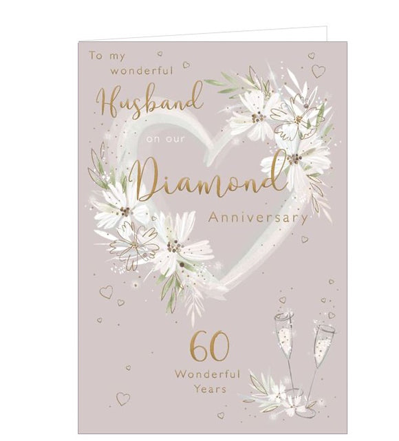 This 60th anniversary cards for a special Husband is decorated with white heart adorned with gold and glittery flowers. Gold text on the front of the card reads 