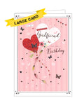 This large, luxury birthday card for a special girlfriend is decorated with a pair of heart-shaped balloons, with flowers tied to their ribbons, surrounded by tiny metallic butterflies. The text on the front of the card reads "To my wonderful Girlfriend on your Birthday".