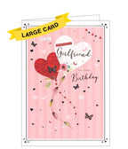 This large, luxury birthday card for a special girlfriend is decorated with a pair of heart-shaped balloons, with flowers tied to their ribbons, surrounded by tiny metallic butterflies. The text on the front of the card reads "To my wonderful Girlfriend on your Birthday".