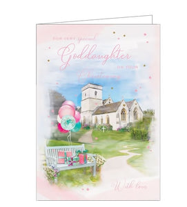 This cute little card to commemorate a special Goddaughter's Christening Day shows a country church with a bench in the foreground - piled with presents and balloons. Text on the front of the card reads "For a very special Goddaughter on your Christening with love". 