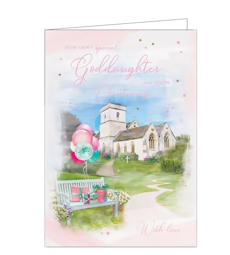 This cute little card to commemorate a special Goddaughter's Christening Day shows a country church with a bench in the foreground - piled with presents and balloons. Text on the front of the card reads 