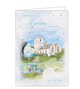This cute little card to commemorate a special Godson's Christening Day shows a country church with a bench in the foreground - piled with presents and balloons. Text on the front of the card reads "For a very special Godson on your Christening with love". 