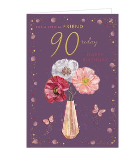  This 90th birthday card for a special friend is decorated with a rose-gold case holding three pink and white flowers.The text on the front of the card reads "For a special Friend...90 today...Happy Birthday".
