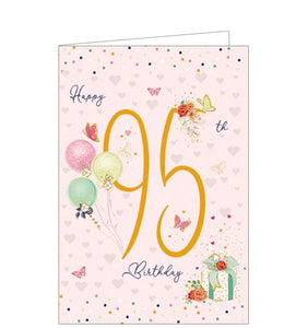 The text on the front of this 95th birthday card reads "Happy 95th Birthday", and is surrounded by butterflies, flowers and balloons.