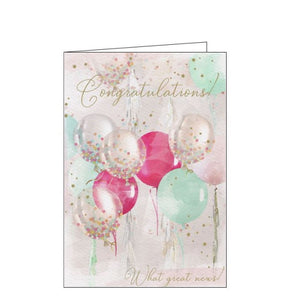 This lovely congratulations card is decorated with a bunch of pink, light blue and confetti-filled balloons. Metallic rose gold text on the front of this Congratulations card reads "Congratulations...What great news!"