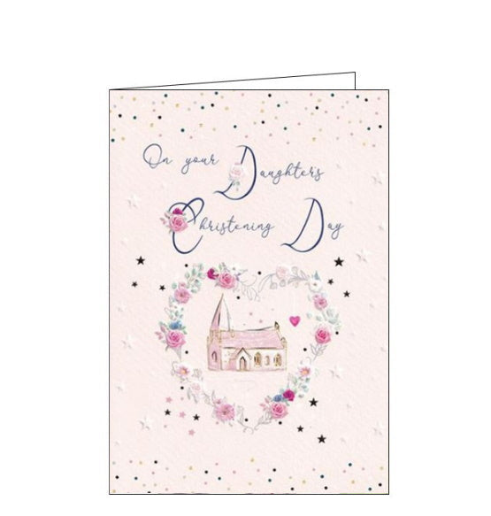 This lovely Christening card to is decorated with a heart-shaped wreath of pink flowers encircling a church. The text on the front of the card reads 