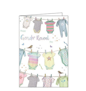This lovely card to celebrate a baby gender reveal is decorated with colourful baby grow onesies hanging from washing lines. The text on the front of the card reads "Happy Gender Reveal Day".