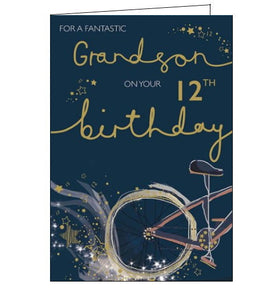 This 12th birthday card for a fantastic grandson is decorated with the back wheel of a bike splashing through a puddle of gold stars. The text on the front of the card reads "For a fantastic Grandson on your 12th Birthday".