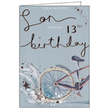 For a Fantastic Son on your 13th Birthday CardThis lovely card for a special son on his 13th birthday is decorated with the back wheel of a bike splashing through a puddle of gold stars. The text on the front of the card reads "For a fantastic Son on your 13th Birthday".