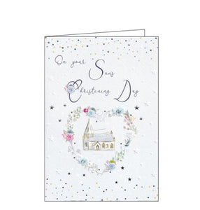 This lovely Christening card is decorated with a heart-shaped wreath of pink and blue flowers encircling a church. The text on the front of the card reads "On your Son's Christening Day".