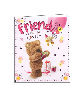 This very cute birthday card for a wonderful friend features a very fluffy Barley the Little Brown Bear holding a pink-wrapped birthday gift to a toy chick holding the ribbon of a pink balloon. The text on the front of this birthday card reads "Friend, you're so lovely!"