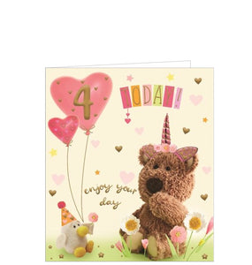This very cute card for a special little girl on her 4th birthday features a very fluffy Barley the Little Brown Bear, wearing a pink unicorn headband sitting with a tiny chick, surrounded by flowers and balloons. The text on the front of this birthday card reads "4 today...enjoy your day".